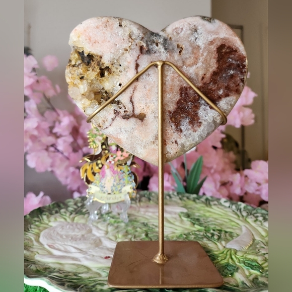 Pink Amethyst Heart w/ Jasper on Stand Crystal Home Decor Gifts - Picture 5 of 7
